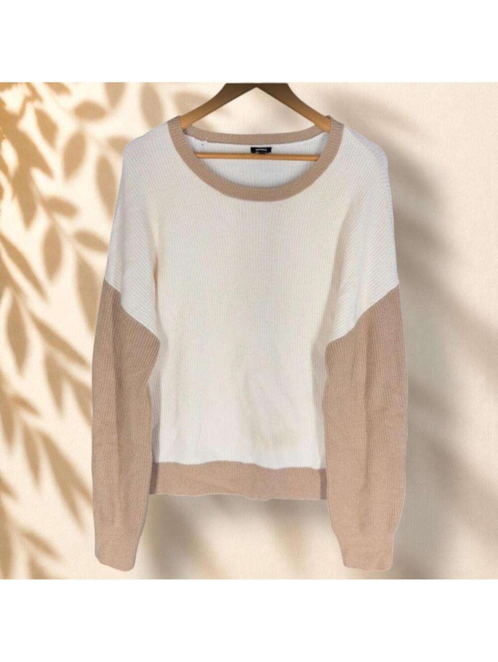 Express Sweater Pullover Women L Large Beige Colorblock Knit Long Sleeve Soft